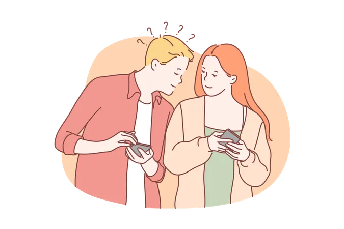 Social Media Or Network Distrust Curiosity Concept Man And Woman Or Couple Use Mobile Phone For Sitting Online In Social Media Boyfriend Is Spying And Curious About Girlfriends Private Life Illustration