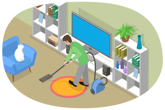3 D Isometric Flat Vector Conceptual Illustration Of Husband Doing Domestic Work Man At Household Activities Illustration