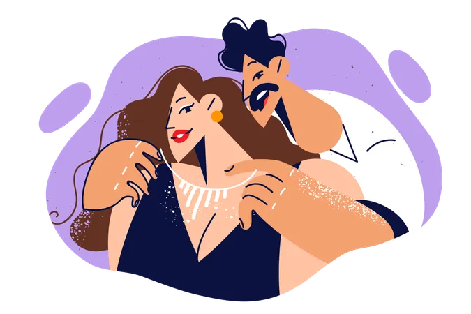 Man Puts Necklace Around Girlfriend Neck Helping To Get Ready For Party Or Giving Luxurious Jewelry Romantic Husband Hugging Girlfriend From Behind Showing Love And Close Bond With Wife Illustration