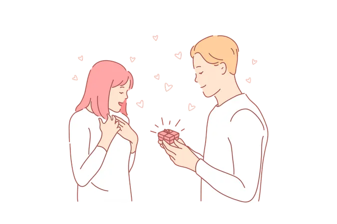 Gift Proposal Romance Love Family Concept Young Boyfriend Makes Marriage Proposal To Lovely Girlfriend Husband Presents Gift To His Wife In Romantic Atmosphere Family Love Simple Flat Vector Illustration