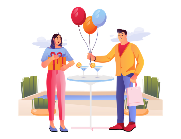 Husband giving birthday balloons to wife Illustration