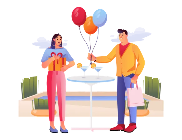 Husband giving birthday balloons to wife Illustration