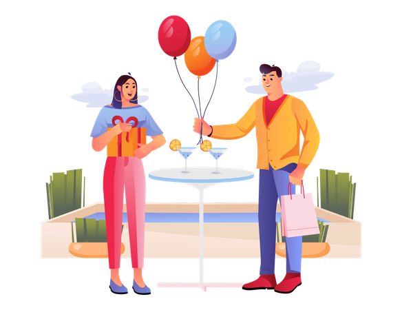 Husband giving birthday balloons to wife  Illustration