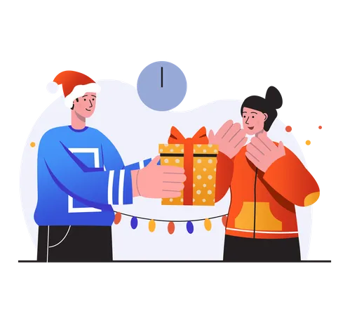 Husband giving Christmas present to her wife  Illustration