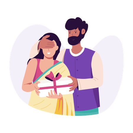 Husband giving diwali gift to wife  Illustration