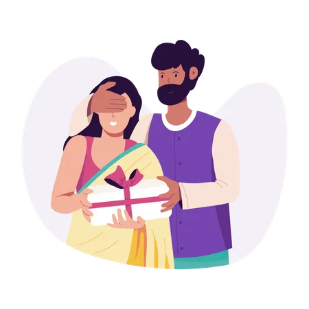 Husband giving diwali gift to wife  Illustration