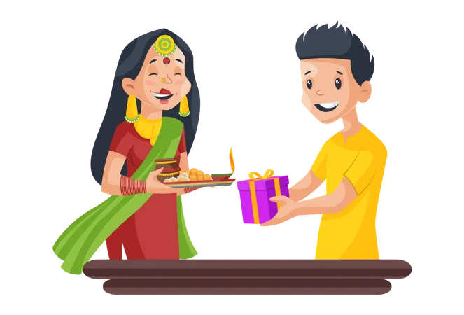 Husband giving gift to his wife  Illustration