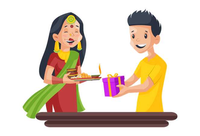 Husband giving gift to his wife  Illustration