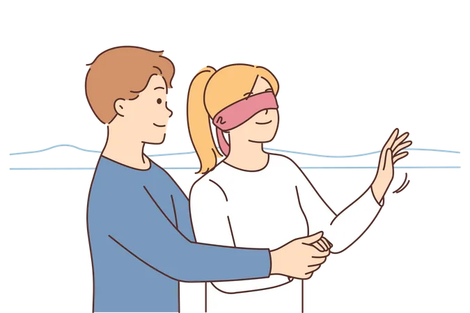 Husband giving wife surprise with blindfold  Illustration