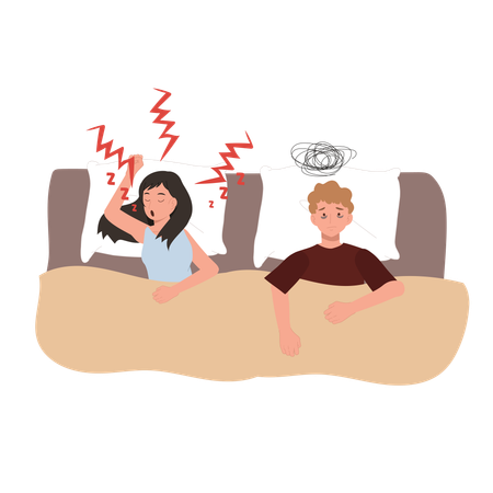 Husband insomnia due to wife snoring  Illustration