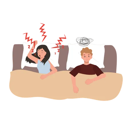 Husband insomnia due to wife snoring  Illustration