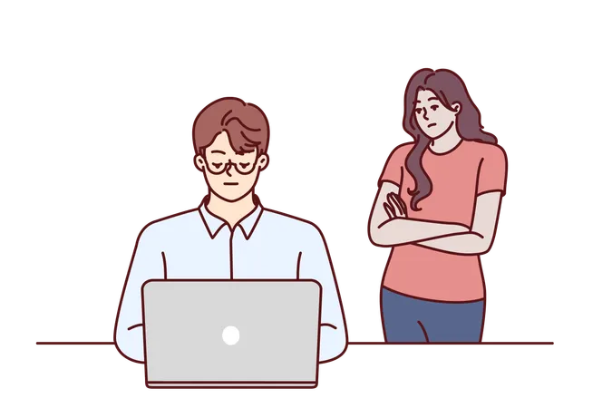 Frustrated Woman Near Husband Using Laptop And Suffering From Internet Addiction And Working Late Into Night Concept Of Imbalance Between Internet Career And Family Causing Resentment Of Loved Ones Illustration