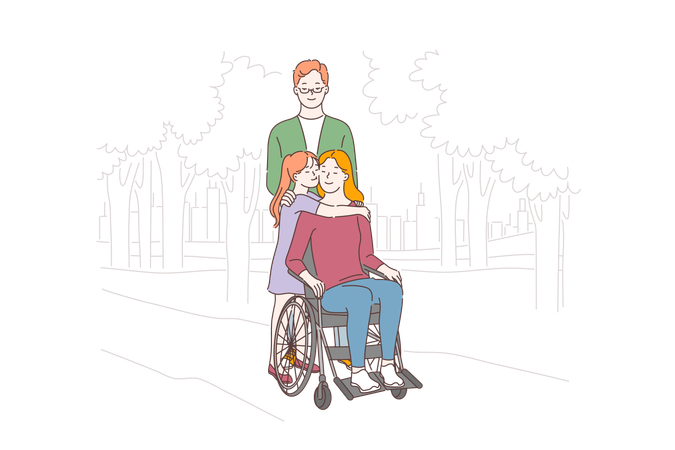 Husband is supporting her disabled wife  Illustration