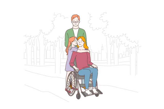 Disabled People Care Love Concept Disabled Woman With Family In Park Happy Mother In Wheelchair Wife Walking With Husband And Daughter Smiling Kid Hugging Handicapped Mom Simple Flat Vector Illustration