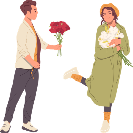 Husband is surprising his wife with flower bouquet  Illustration