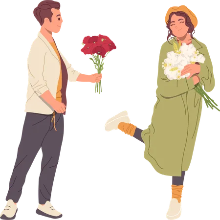 Handsome Hipster Man Giving Flower And Happy Casual Woman Holding Floral Bunch Vector Illustration Young People Cartoon Character Preparing Gift And Receiving Present On Birthday Anniversary Holiday Illustration