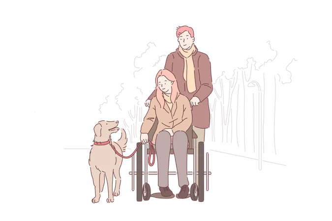 Disabled Person Support Love Concept Handicapped Young Girl With Man In Park Woman In Wheelchair Wife Walking With Husband And Dog Happy Family Spending Time Together Simple Flat Vector Illustration