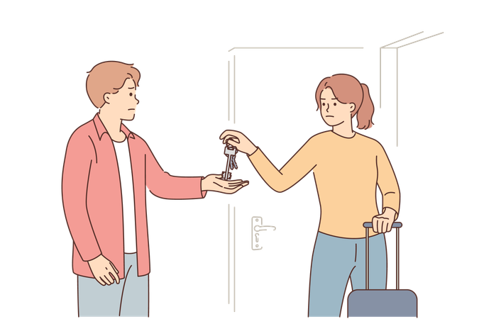 Husband kicks ex-wife out of apartment by standing near door and taking keys  イラスト