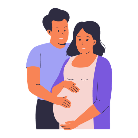 Husband lovingly hugs pregnant wife  Illustration