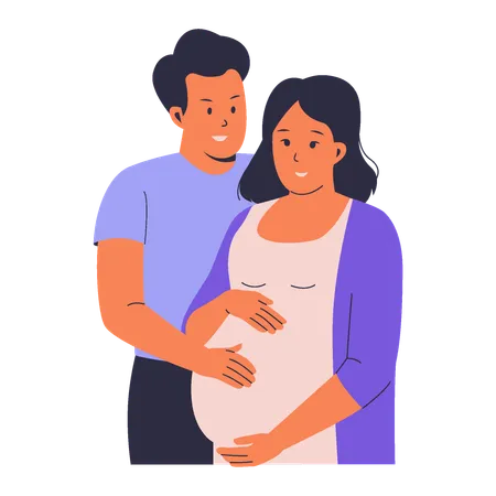 Husband lovingly hugs pregnant wife  Illustration