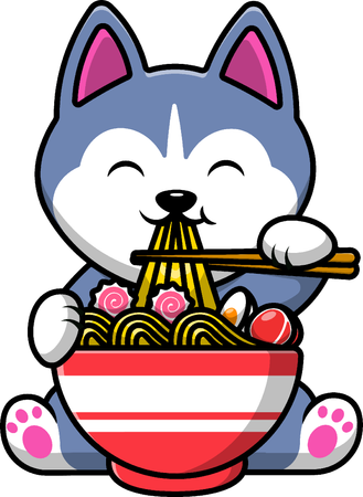 Cachorro Husky Comendo Macarrão Ramen  Ilustração