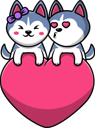 Husky Dog Couple On Heart  Illustration