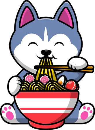 ラーメンを食べるハスキー犬  イラスト