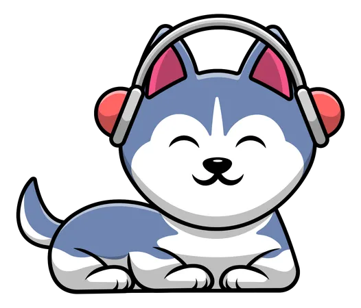 Husky Dog Sitting Listening Music With Headphone  Illustration