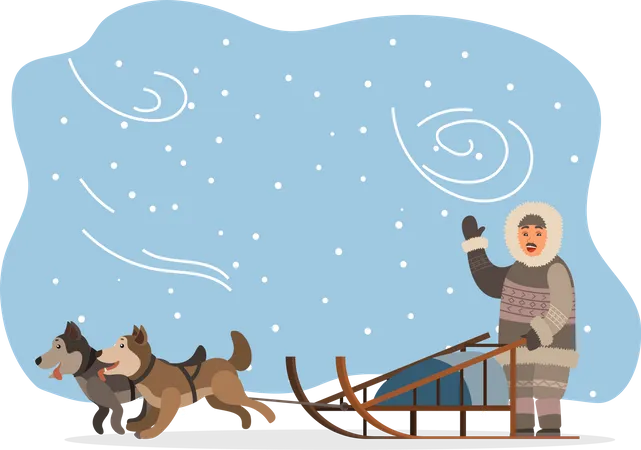 Husky Dogs and Eskimo in Fur Clothes with Sleigh  Illustration