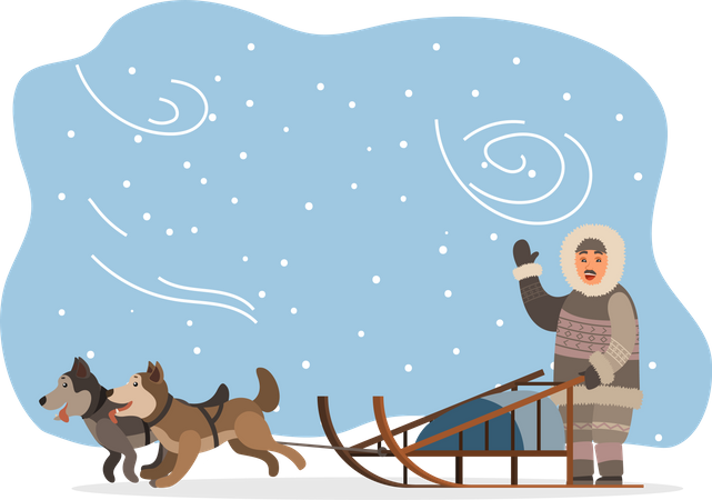 Husky Dogs and Eskimo in Fur Clothes with Sleigh  イラスト