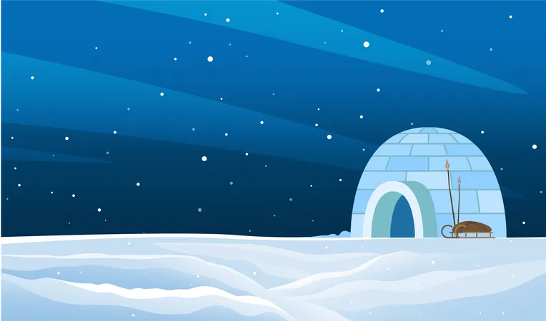 Igloo Made From Ice Bricks In Snowy Winter Landscape Housing For Indigenous North Families Snow House Or Hut Single Located On Ground Beautiful View Of Circumpolar Place In Arctic North Pole Illustration