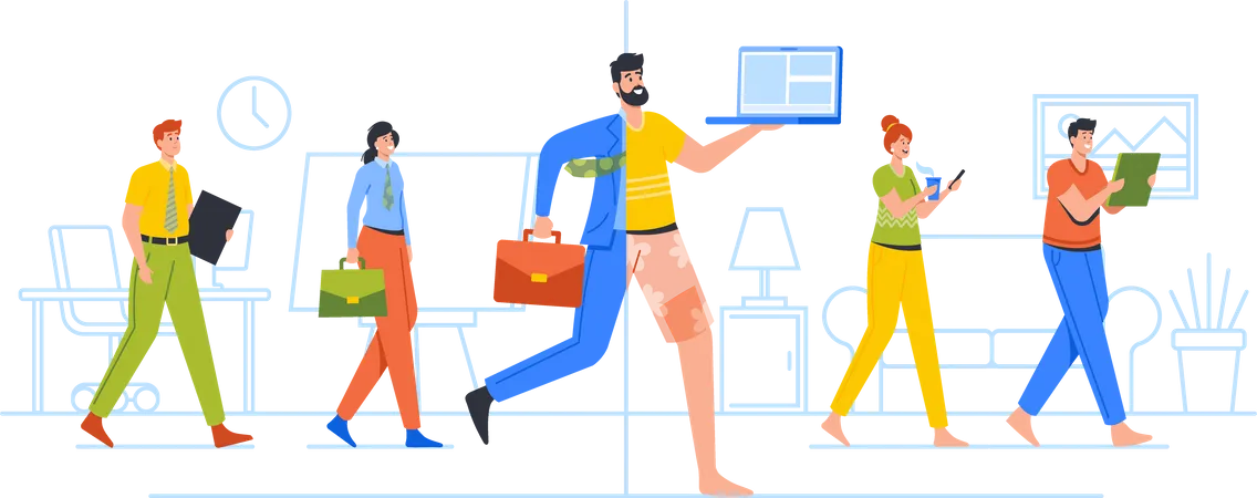 Hybrid Work After Covid 19 Crisis Employee Characters Choice To Work Remotely From Home Business Men And Women Wear Hybrid Cloth Work Both From Home And Office Cartoon People Vector Illustration Illustration