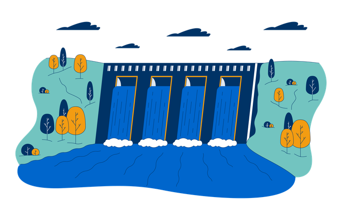 Hydroelectric dam with flowing water  Illustration