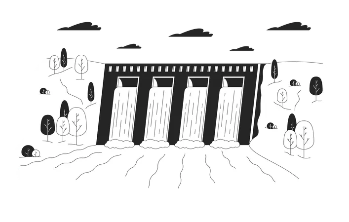 Hydroelectric dam with flowing water  Illustration