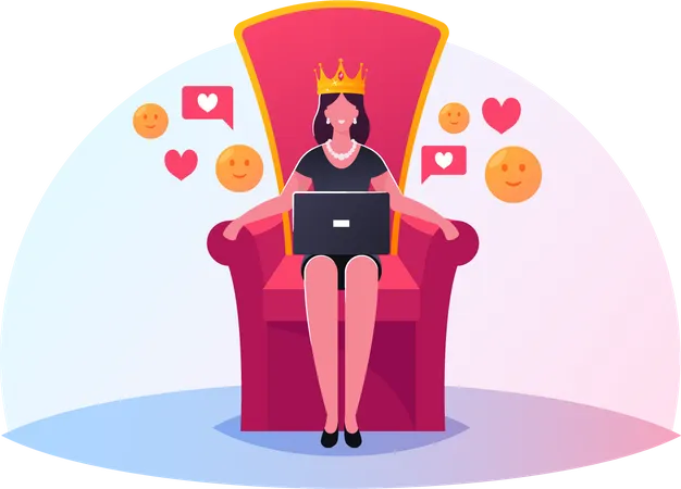 Queen Character With Laptop In Hands Sitting On Throne With Crown On Head Hype Viral Info In Social Network Trends In Advertising News And Public Relations Concept Cartoon Vector Illustration Illustration
