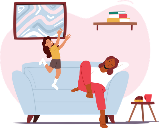 Hyperactive Child Jumping on Sofa while Tired Mom Sleeping Illustration