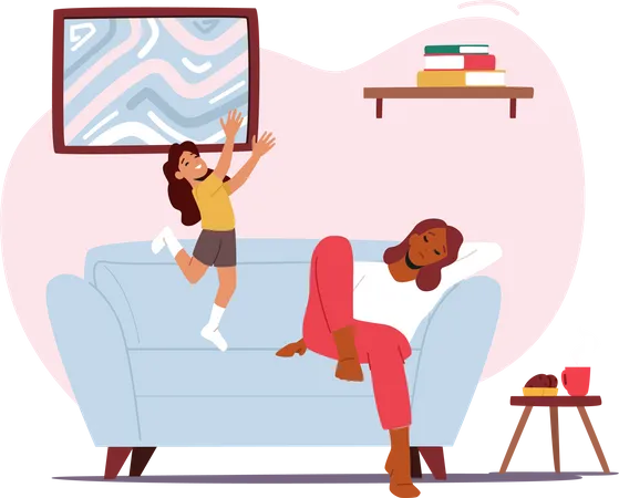 Hyperactive Child Jumping on Sofa while Tired Mom Sleeping  Illustration