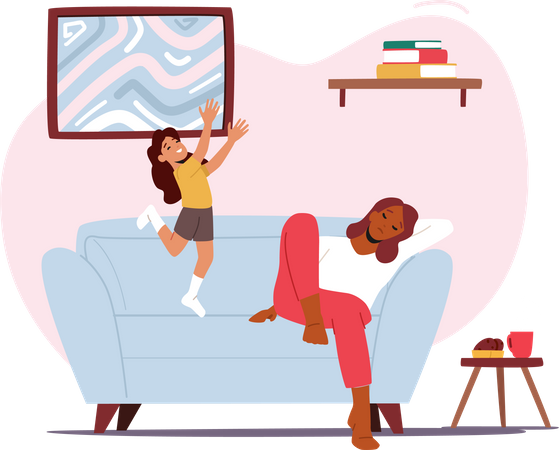 Hyperactive Child Jumping on Sofa while Tired Mom Sleeping  Illustration