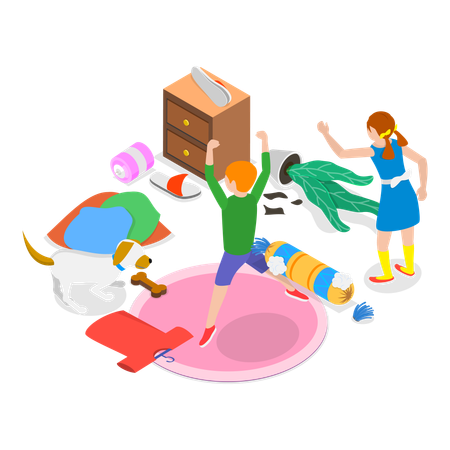 Hyperactive Children playing while messed home  Illustration