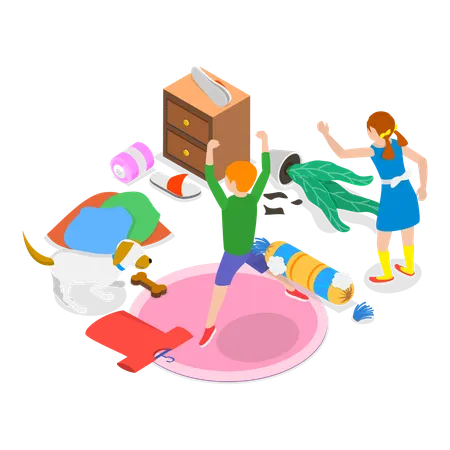 Hyperactive Children playing while messed home  Illustration