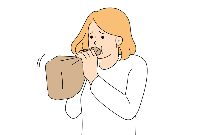 Hyperventilation syndrome in woman breathing into paper bag while trying to stop panic attack  Illustration