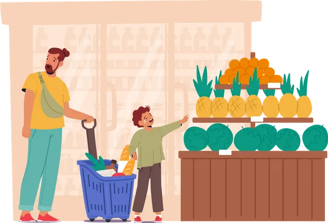 In The Bustling Supermarket A Hysterical Child Passionately Demanded To Buy A Pineapple Turning A Routine Shopping Trip Into A Memorable Fruity Adventure Cartoon People Vector Illustration Illustration