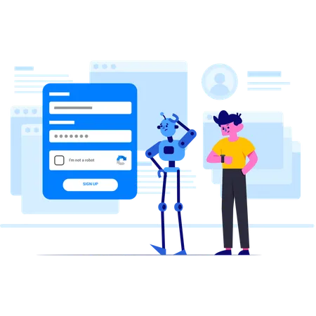 A Playful Illustration Depicting A Human Like Robot Asking A Question Or Engaging In A Verification Process Illustration