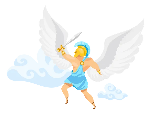 Icarus Flat Vector Illustration Warrior Fly In Sky Fantastical Fighter Gladiator In Air With Sword Greek Mythology Man With Wings Isolated Cartoon Character On White Background Illustration