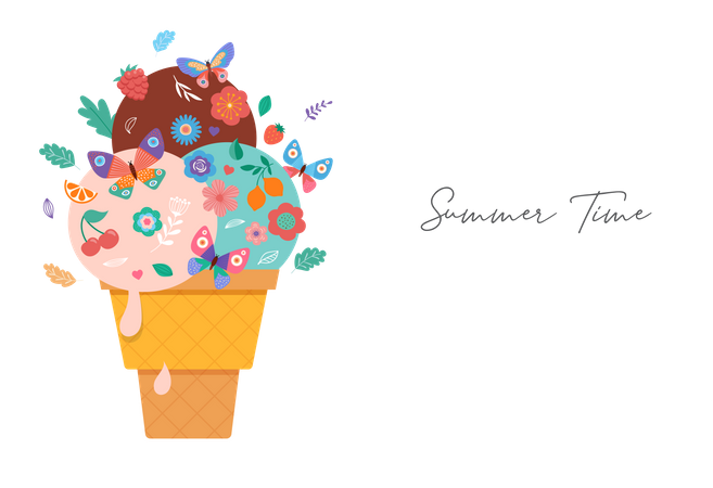 Ice cream cone with flowers, fruits and butterflies Illustration