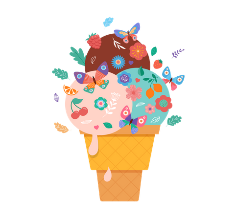 Ice cream cone with flowers, fruits and butterflies Illustration