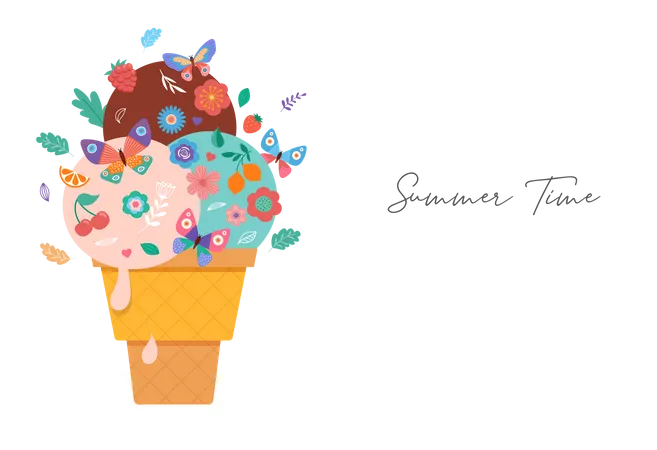 Ice cream cone with flowers, fruits and butterflies  Illustration