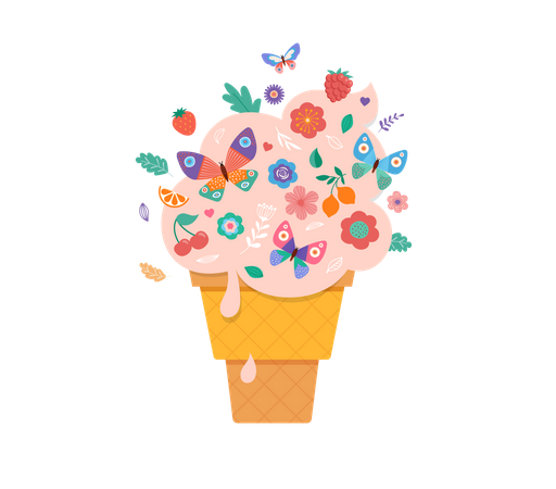 Ice cream cone with flowers, fruits and butterflies  Illustration