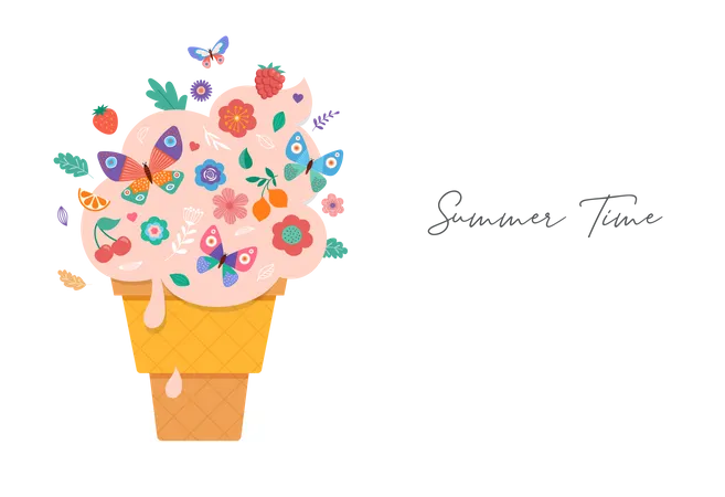 Ice cream cone with flowers, fruits and butterflies  Illustration