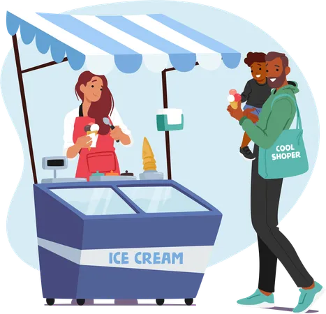 Ice Cream Seller Female Character In A Colorful Cart Offers A Variety Of Frozen Treats Charming Customers With Flavors Smiles And Desserts On Sunny Days Cartoon People Vector Illustration Illustration